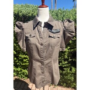 Forever 21 Twist Military Puff Sleeve Button Down Shirt Olive Brown Medium